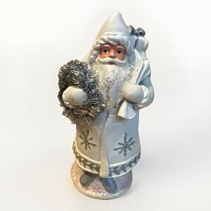 White Christmas Santa Figurine 4” Resin Silver Wreath Iridescent Base Sparkly